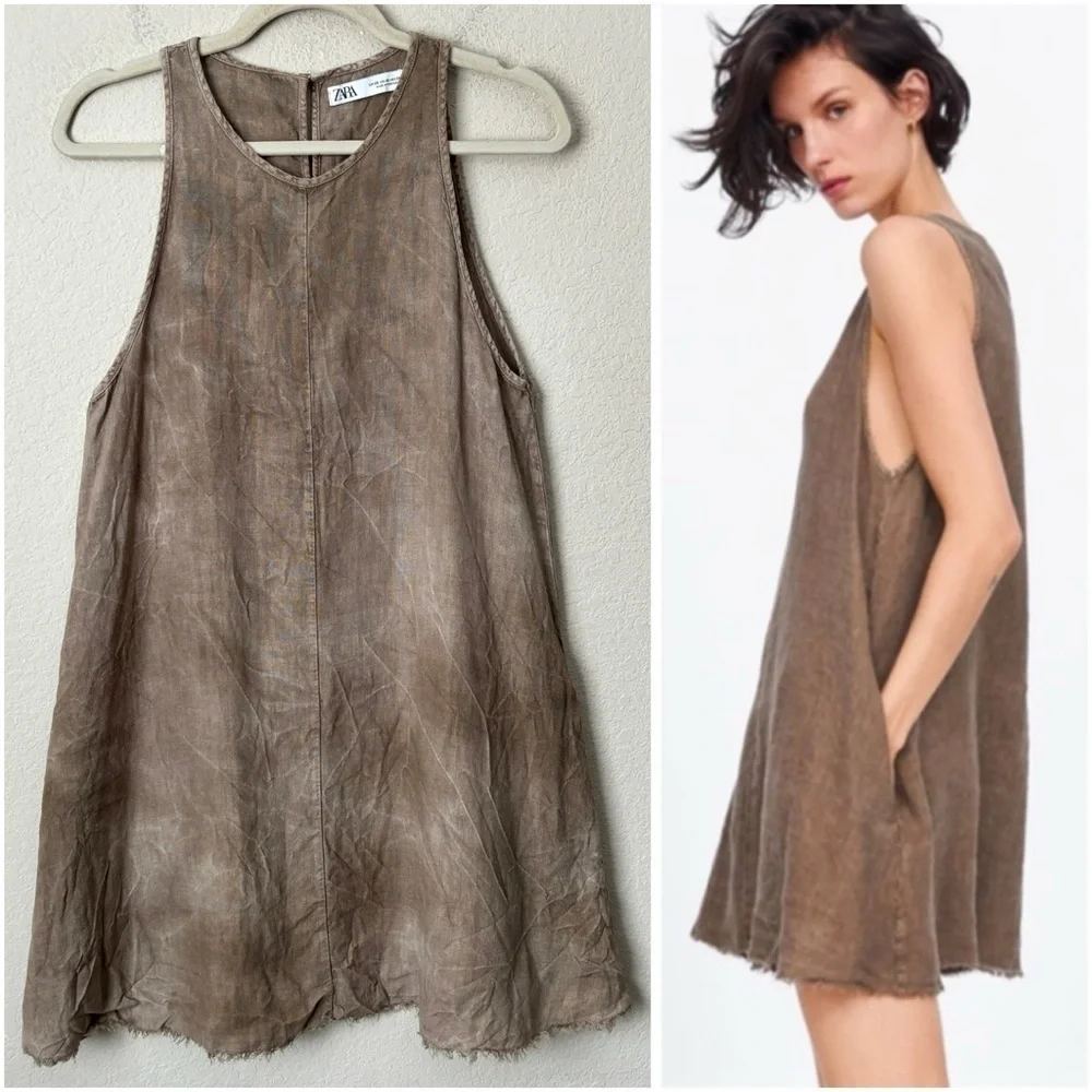 Zara Linen Crinkled Sleeveless Relaxed Mini Dress Boho Neutral Beachy Lagenlook